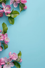 Bright spring and summer background in blue with white and pink apple or cherry flowers. Sakura flowers frame with space for text, copy space, web banner and card