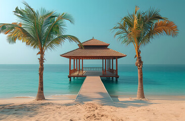 Tropical beach gazebo with palm trees on a clear day