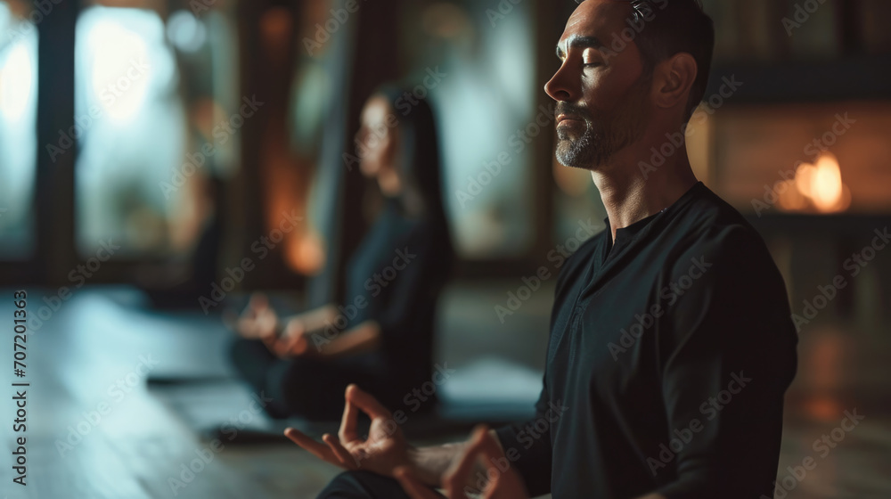 Sticker Man in the foreground practicing meditation with a focused and peaceful expression