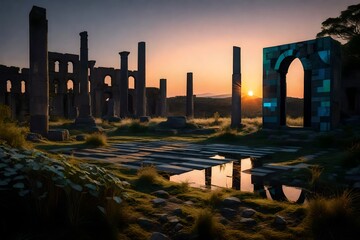 As the sun sets over a landscape reclaimed by nature, the monoliths come alive, projecting holographic echoes of the past onto the ruins.


