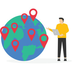 professional businessman analyzing international map with pointer. global business research entrepreneur. Vector illustration for worldwide marketing, analysis, extension concept

