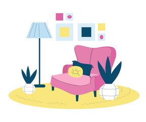 Cozy big comfortable  armchair with wooden legs. Modern living room with furnitures.  Doodle flat vector illustration.