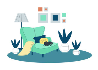 Cozy big comfortable  armchair with wooden legs. Modern living room with furnitures.  Doodle flat vector illustration.