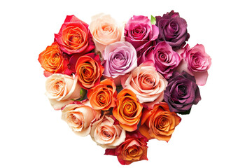 A composition of bright colorful roses in the shape of a heart, cut out - stock png.