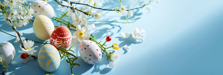 Easter eggs, with branches and flowers on a wooden table