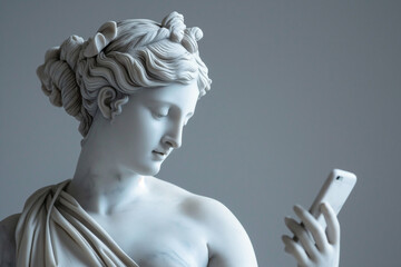 Ancient Greek goddess sculpture holding a smartphone. Female marble statue scrolling social media....