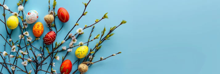 Fotobehang easter eggs, with branches and flowers on a pastel blue background © RemsH