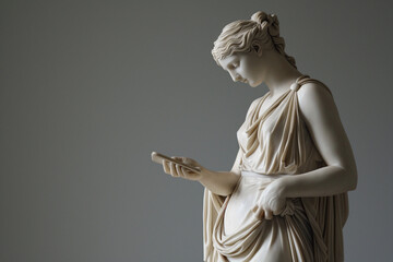 Ancient Greek goddess sculpture holding a smartphone. Female marble statue scrolling social media....