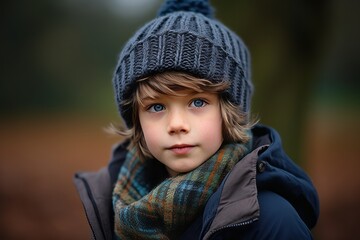 Portrait of a cute little boy in a knitted hat and scarf