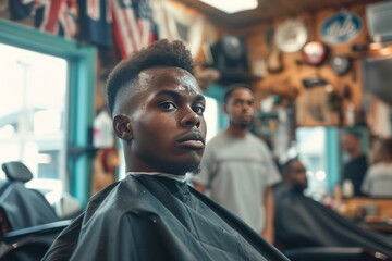 African american man in a barber's chair in a barber shop. 