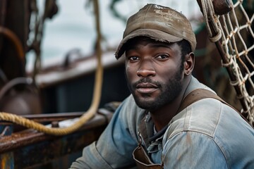 Naklejka na ściany i meble African american man working on a fishing boat. 