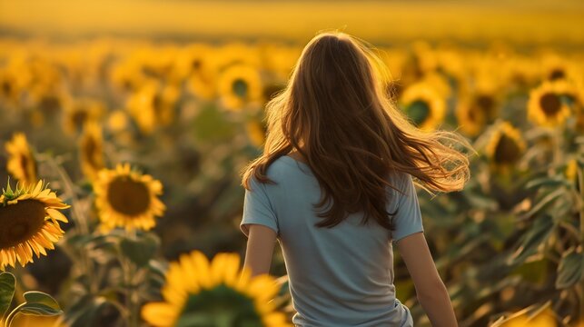 Rearview photography of a young girl with brunette hair walking or running through a sunny yellow sunflower field in the summer. Wearing a light blue t shirt, female person in countryside landscape