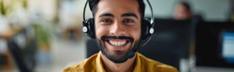 person in the office, south american man works on pc with headphones and microphone, call center - obrazy, fototapety, plakaty