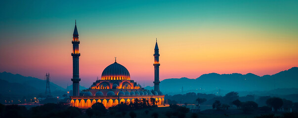 Fototapeta na wymiar Mosques Dome: Nighttime Tranquility in Dark Blue Twilight, Architectural Elegance: Illuminated Mosques, Cityscape with Majestic in Twilight, Ramadan Night: Serenity in the Glow of Islamic Traditions 