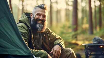 Middle aged bearded man camping in the forest wilderness, sitting in a camping chair, smiling and looking at the camera. Enjoying morning sunshine in the woods, happy male camper person