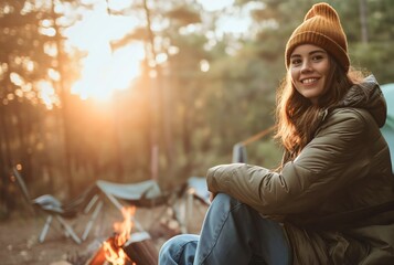 Beautiful young woman with brunette hair camping in the forest wilderness, sitting in a camping chair, smiling and looking at the camera. Enjoying morning sunshine in the woods, happy female camper