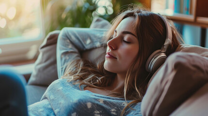 Young woman relaxing at home and listening music