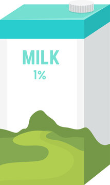Cartoon milk carton with 1 percent label, green and white color scheme. Dairy product packaging vector illustration.