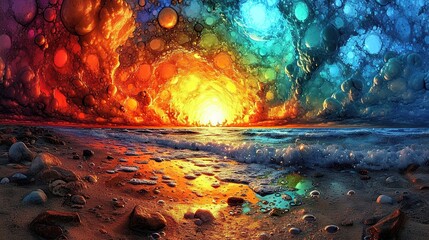 Surreal landscape with a fiery sky over a tranquil blue bubble-speckled shore
