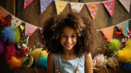 Young girl with curly hair is smiling joyfully in front of a blue background adorned with colorful party bunting