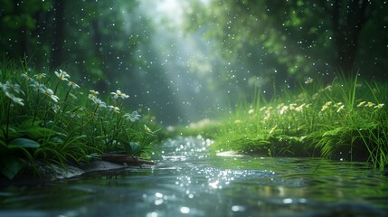 Stream nature, green, river, forest, summer, with sunlight background