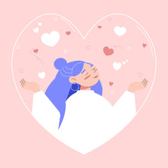 Valentine's Day. Flat vector illustration. Girl with blue hair in the heart. Cute greeting card.