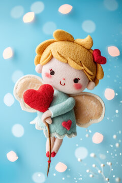 petit personnage en feutre et tissu repr&eacute;sentant cupidon avec son arc et ses fl&egrave;ches, symbole de l'amour