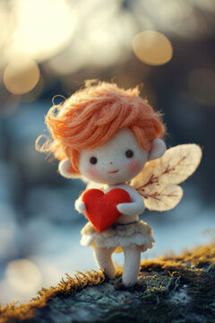 petit personnage en feutre et tissu repr&eacute;sentant cupidon avec son arc et ses fl&egrave;ches, symbole de l'amour