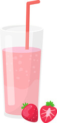Strawberry smoothie in a glass with a straw, two whole and cut strawberries aside. Refreshing fruit drink and healthy beverage concept vector illustration.