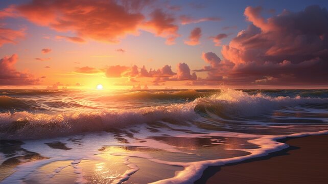 Beach sunset sea wave wallpaper AI Generated art