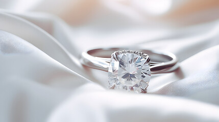 A beautiful diamond engagement cushion cut ring placed over a satin cloth, commercial style banner