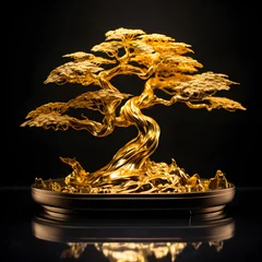 Wandcirkels aluminium A shiny golden bonsai tree on a dark black background © Trendy Graphics