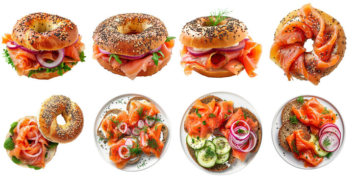 Set of bagel and lox in 3d without backoground png for decoration. Created using generative AI.