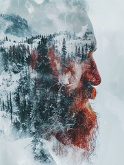 double exposure, red bearded man, winter wasteland, snow, vast mountains, forest trees. generative AI