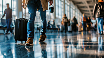 Person walking through an airport terminal, carrying a suitcase and a coffee cup, with other travelers in the background. - obrazy, fototapety, plakaty
