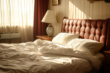 design for cozy hotel room. ad for a hotel or motel. nice and clean room with king sized bed. lamps. brown. hotel suite