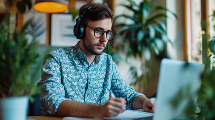 Young man is intently working on a laptop while wearing headphones, likely engaged in remote work or studying in a home environment