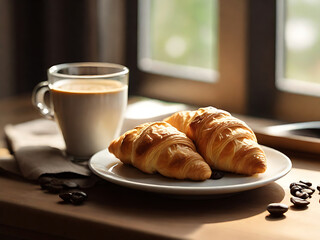 Croissand and coffee breakfast on a table with morning light, AI geneated image
