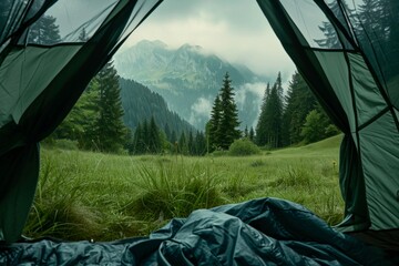 View from inside a tent on mountains landscape. Travel lifestyle concept adventure vacations outdoor