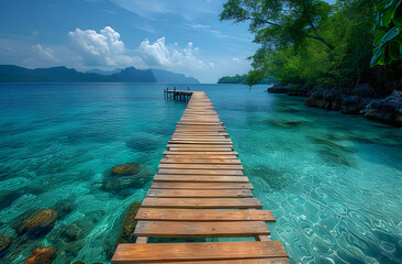 Wooden pier extending into clear blue tropical waters with lush greenery in the background.