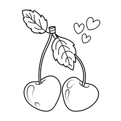 Hand drawn vector illustration of pair of heart shaped cherries.Romantic doodle sketch, graphic line art, colouring page
