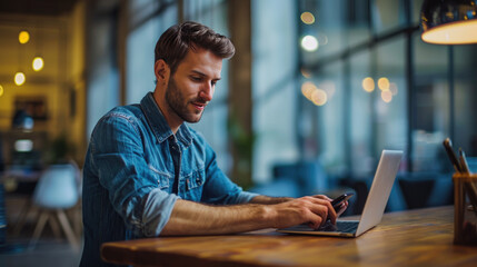 Fototapeta premium Man smiling while working on a laptop in a modern office environment
