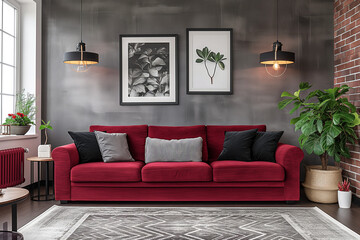 design for cozy modern living room, soft colors. Nice modern french design for a room, catalogue. Beige and crimson, red, grey. Furniture store.