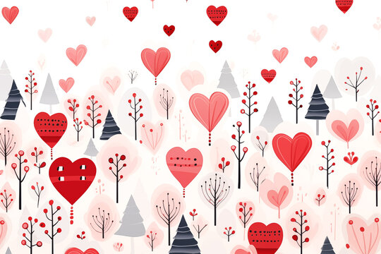 Cute valentine's day watercolor abstract trees and hearts background card, scandinavian style holiday illustration, artistic doodle.