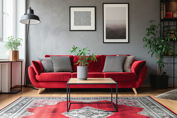 design for cozy modern living room, soft colors. Nice modern french design for a room, catalogue. Beige and red, grey. Furniture store. Sofa
