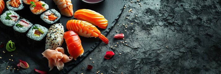 Assorted sushi on dark black background, wide banner for culinary articles and menu design, copyspase for text