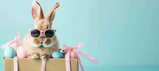 Funny easter concept holiday animal celebration greeting card - Cool cute easter bunny, rabbit with sunglasses, sitting in gift box with many colorful pastel easter eggs, isolated on blue background