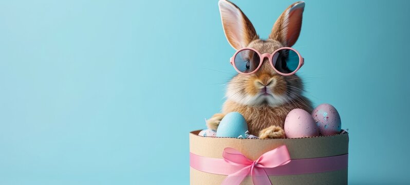 Funny easter concept holiday animal celebration greeting card - Cool cute easter bunny, rabbit with sunglasses, sitting in gift box with many colorful painted esater eggs, isolated on blue background
