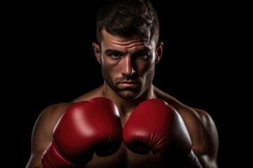Young male boxer fighter is posing against a black background