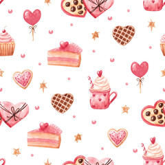 Watercolor hand drawn pattern with sweets as pie, lollipop, wafle, cooky, chocolate candies. Cartoon wallpaper in red, pink colors for St.Valentine day